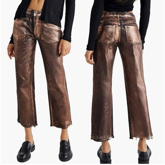 Free People Maggie Coated Crop Mocha Brown Size 26 Metallic Raw Hem Distressed - Picture 1 of 5